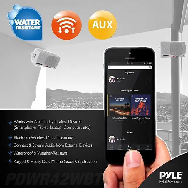 Alt view image 5 of 5 - Outdoor Waterproof Wireless Bluetooth Speaker 35 Inch Pair 3way Active Passive Weatherproof Wall Ceiling Mount Dual Speakers System w Heavy Duty Grill Patio Indoor Use  PDWR42WBT White