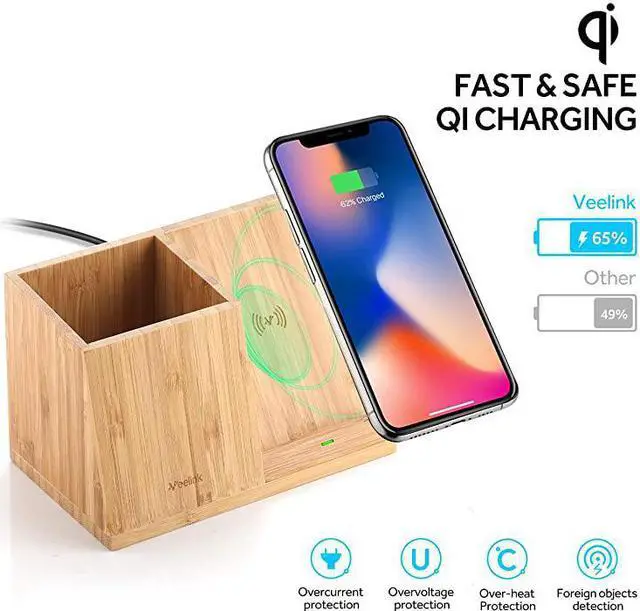 Alt view image 3 of 7 - Bamboo Wireless Charger with Organizer Wood Wireless Charging Station for iPhone 11 X 8 Plus and Samsung S7 Edge S8 Plus S9 Plus Note 8