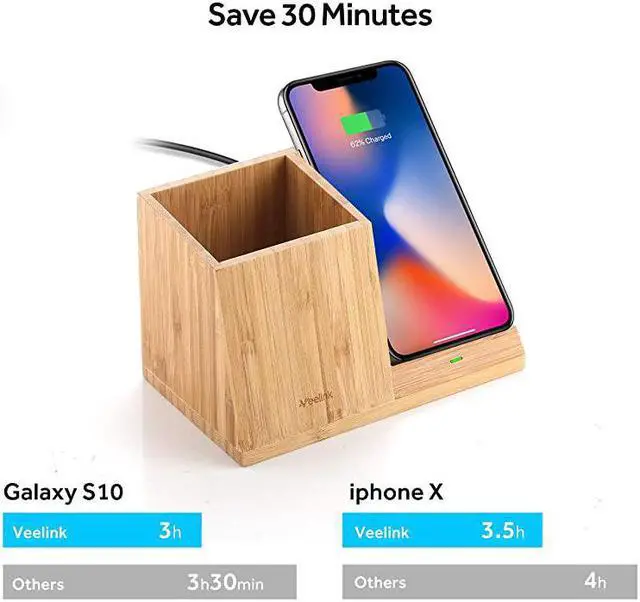 Alt view image 4 of 7 - Bamboo Wireless Charger with Organizer Wood Wireless Charging Station for iPhone 11 X 8 Plus and Samsung S7 Edge S8 Plus S9 Plus Note 8