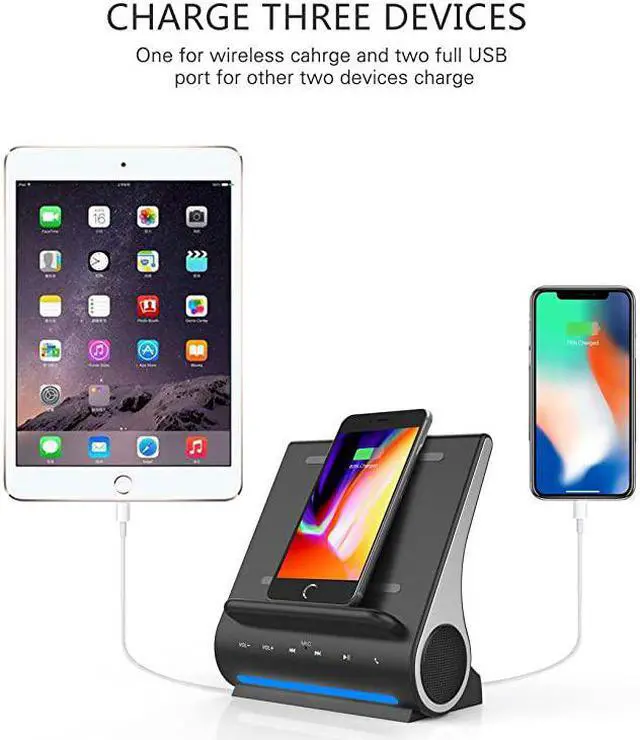Alt view image 4 of 7 - Dockall D100 Qi Wireless Charger Bluetooth Premium Speakers Docking Station with Built in Mic Handsfree call 3 in 1 Station for iPhone and Samsung phone