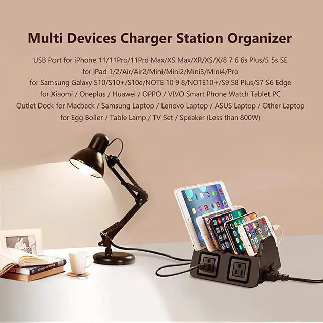 Alt view image 6 of 7 - USB Ports Charging Station Organizer for Multiple Devices QC 20 Fast Charging Desktop Stand for Apple Android Phone Tablet 1600W 2 AC Power Outlets Charger Dock for Home Office 3 Prong Cord Black