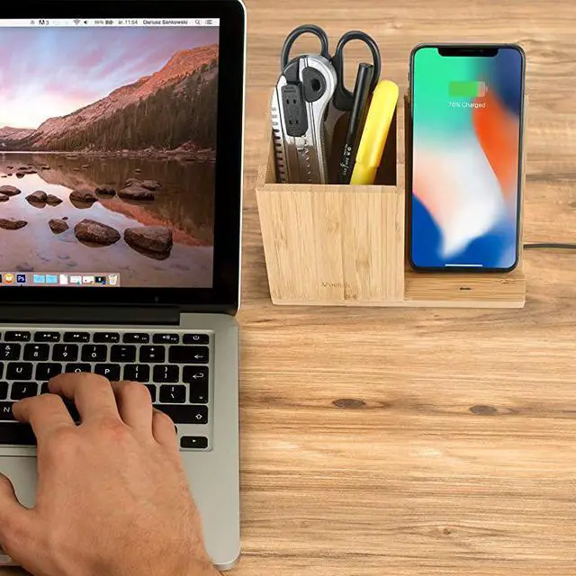 Alt view image 7 of 7 - Bamboo Wireless Charger with Organizer Wood Wireless Charging Station for iPhone 11 X 8 Plus and Samsung S7 Edge S8 Plus S9 Plus Note 8