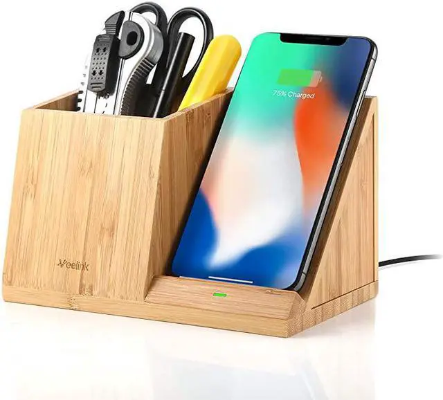 Main image of Bamboo Wireless Charger with Organizer Wood Wireless Charging Station for iPhone 11 X 8 Plus and Samsung S7 Edge S8 Plus S9 Plus Note 8