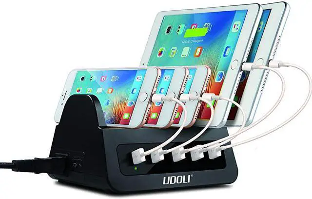 Alt view image 2 of 7 - USB Ports Charging Station Organizer for Multiple Devices QC 20 Fast Charging Desktop Stand for Apple Android Phone Tablet 1600W 2 AC Power Outlets Charger Dock for Home Office 3 Prong Cord Black