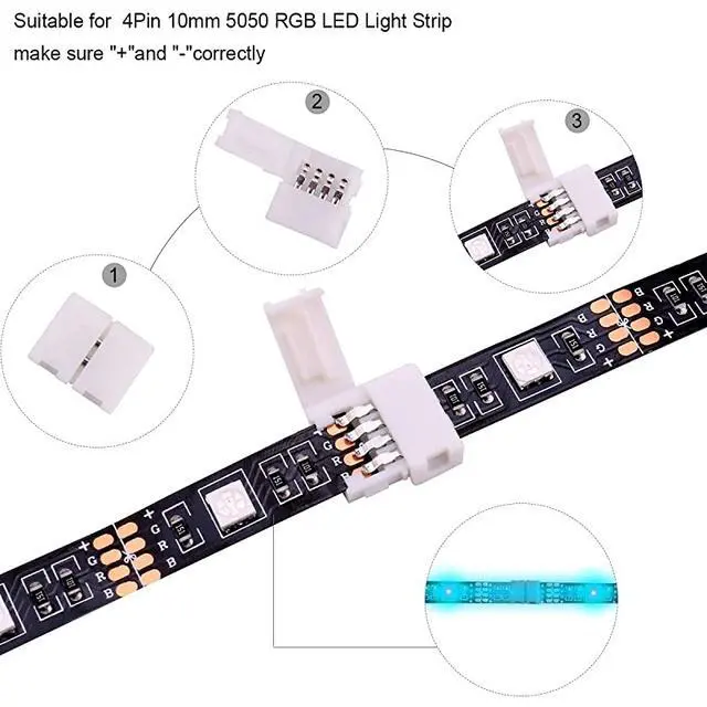 Alt view image 5 of 7 - 4Pin RGB LED Strip Connector Kit include 164FT RGB Extension Cable 2x T L Shape Connectors 4x Strip Jumper 2x Gapless Connector 20x LED Strip Clip 20x Male Connector 2x Quick Connector