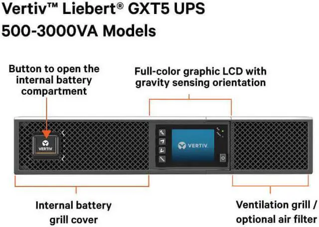 Alt view image 5 of 12 - Vertiv Liebert GXT5-1500LVRT2UXL GXT5 UPS - 1500VA/1350W 120V | Online Rack Tower Energy Star - Double Conversion| 2U| Optional RDU101 Card| Color/Graphic LCD