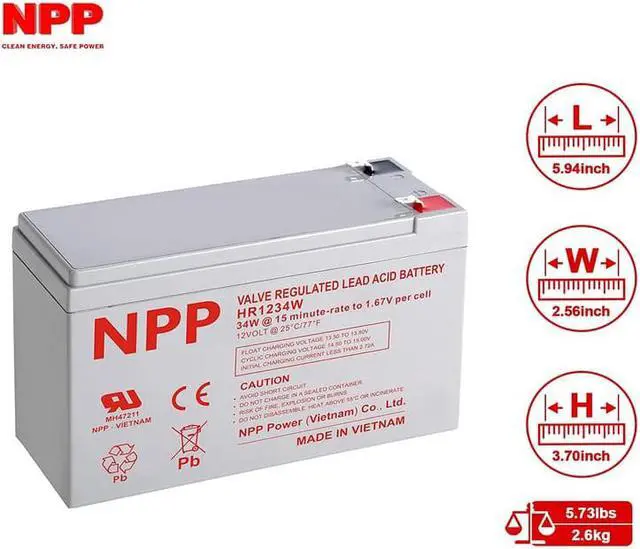 Alt view image 2 of 2 - NPP HR1234W 204Watts 12V 34 Watts/Cell AGM Sealed Lead Acid Rechargeable Battery Replace 12V 9Ah, APC Back-UPS Flame Retardant UPS Battery (HR1234W F2 1 Pack)