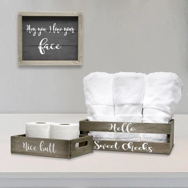 Main image of Elegant Designs Three Piece Decorative Wood Bathroom Set, Small, Cheeky  (1 Towel Holder, 1 Frame, 1 Toilet Paper Holder)