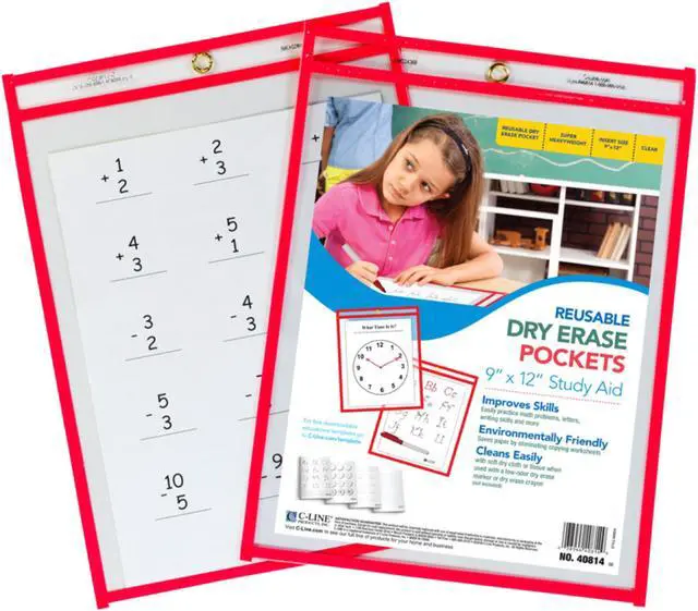 Alt view image 18 of 20 - C-Line Dry Erase Pocket Reusable 9"x12" 30/BX Red 40814