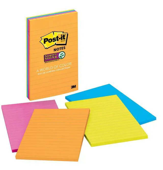 Alt view image 13 of 16 - Post-it 4621SSAU Super Sticky Rio de Janeiro Lined Pads, 4" x 6" - Assorted - Paper - Self-adhesive, Repositionable - 4/Pack