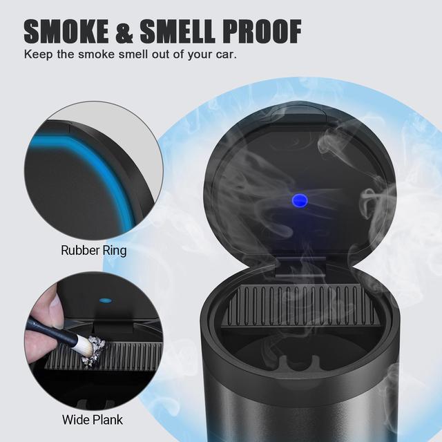Alt view image 4 of 7 - THIKPO Car Ashtray, Portable Ashtray for Car, Mini Car Trash Can, Detachable Stainless Steel Smokeless Ash Tray with Lid, LED Blue Light, Windproof for Outdoor Travel, Home Use