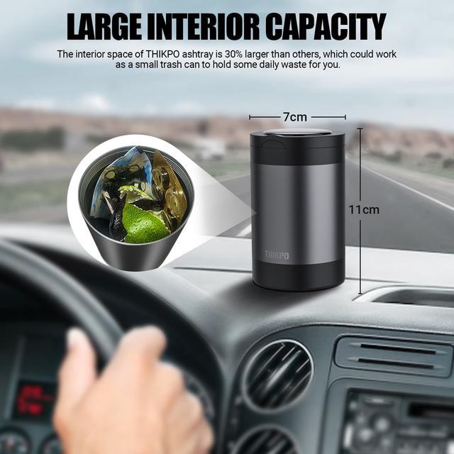 Alt view image 5 of 7 - THIKPO Car Ashtray, Portable Ashtray for Car, Mini Car Trash Can, Detachable Stainless Steel Smokeless Ash Tray with Lid, LED Blue Light, Windproof for Outdoor Travel, Home Use