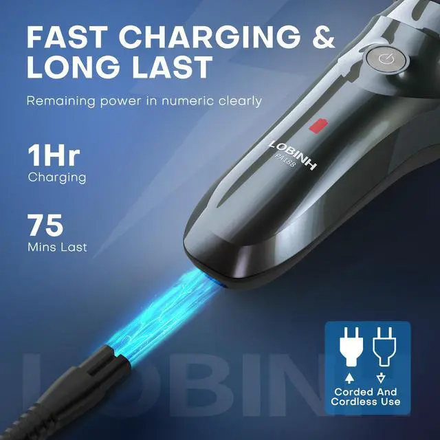 Alt view image 5 of 7 - LOBINH Electric Shaver for Men, 100% Washable Rotary Shaver, Rechargeable Electric Razor Wet & Dry Shaving with Pop-up Trimmer, 1 Hour Fast Charging, 4D Floating Head, LCD Power Indicator - PA188