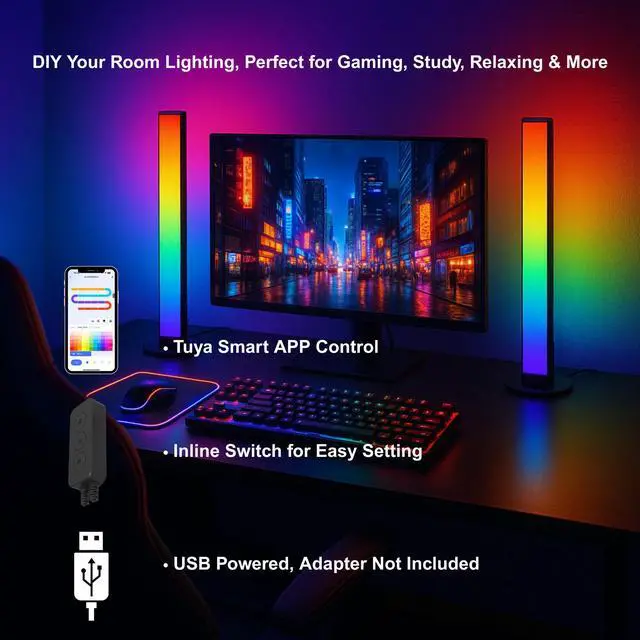 Alt view image 2 of 5 - RGB Smart LED Desk Light Bars 2-Pack with APP Control Standing Light Bars for Gaming, Home Office & Ambient Lighting