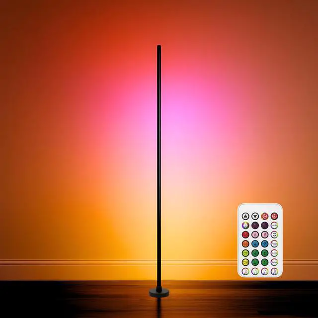 Main image of RGBICW Smart LED Corner Floor Lamp 58'' with Music Sync, Remote Control, Color-Changing Ambient Lighting for Living Rooms, Gaming, Home Office (Round Base)