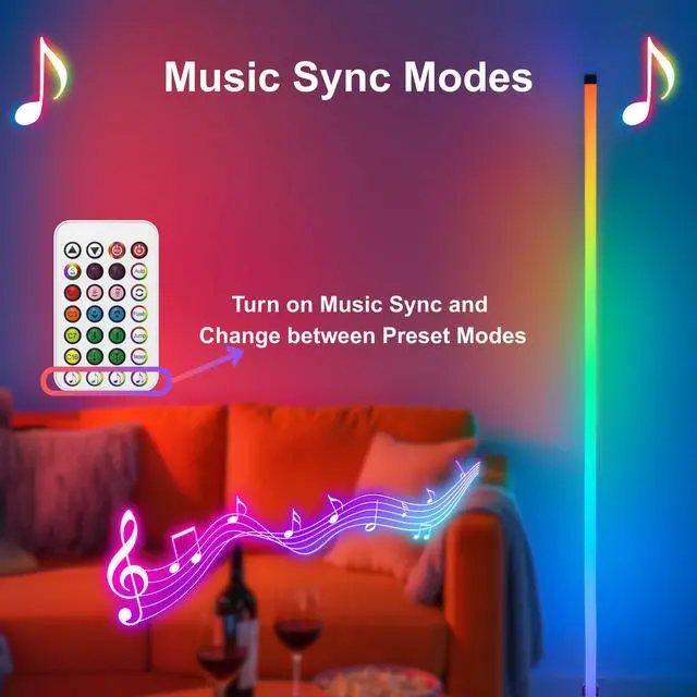 Alt view image 3 of 5 - RGBICW Smart LED Corner Floor Lamp 58'' with Music Sync, Remote Control, Color-Changing Ambient Lighting for Living Rooms, Gaming, Home Office (Round Base)