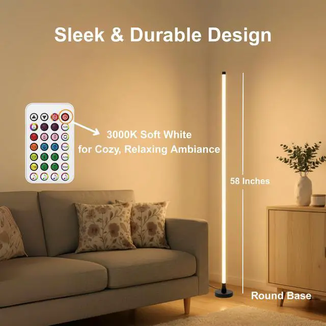 Alt view image 4 of 5 - RGBICW Smart LED Corner Floor Lamp 58'' with Music Sync, Remote Control, Color-Changing Ambient Lighting for Living Rooms, Gaming, Home Office (Round Base)