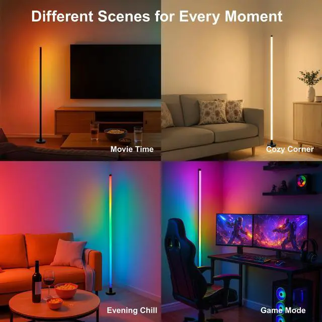 Alt view image 5 of 5 - RGBICW Smart LED Corner Floor Lamp 58'' with Music Sync, Remote Control, Color-Changing Ambient Lighting for Living Rooms, Gaming, Home Office (Round Base)