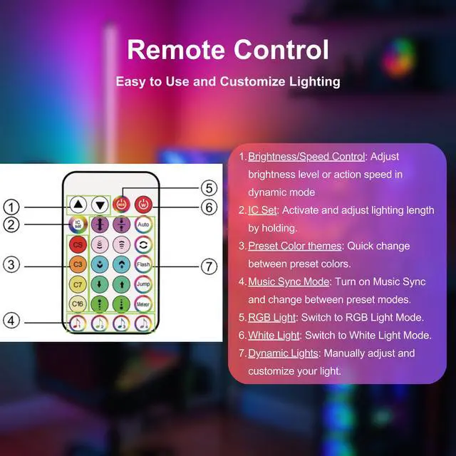 Alt view image 2 of 5 - RGBICW Smart LED Corner Floor Lamp 58'' with Music Sync, Remote Control, Color-Changing Ambient Lighting for Living Rooms, Gaming, Home Office (Round Base)