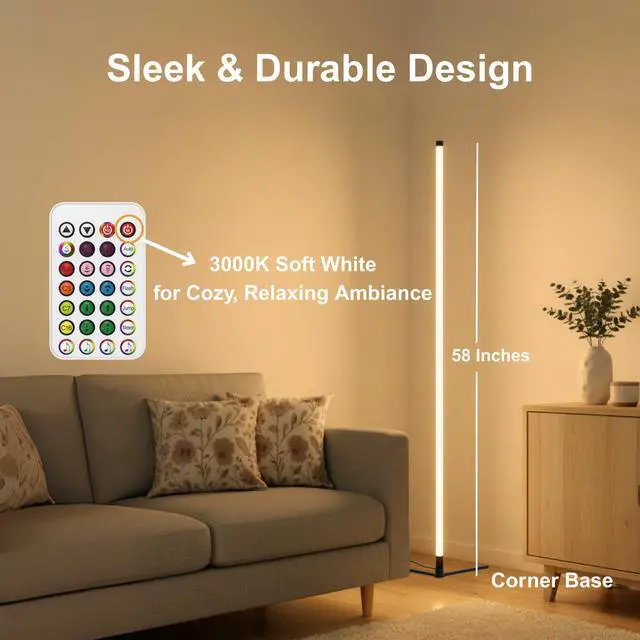 Alt view image 4 of 5 - RGBICW Smart LED Corner Floor Lamp 58'' with Music Sync, Remote Control, Color-Changing Ambient Lighting for Living Rooms, Gaming, Home Office(Corner Base)