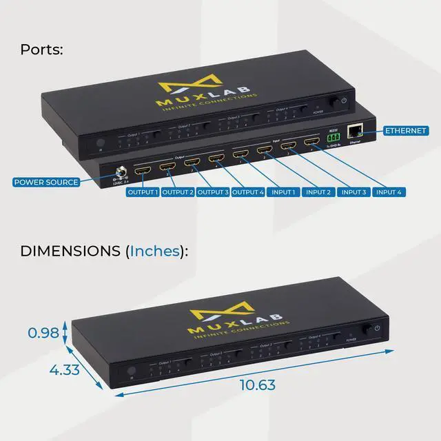 Alt view image 2 of 7 - MuxLab 4x4 HDMI 2.0 Matrix Switch/Splitter with IR Remote | Supports 4K@60Hz, 4:4:4, HDR, 4 Input and 4 Output | Control with IR Remote, RS232, TCP/IP & Push Button