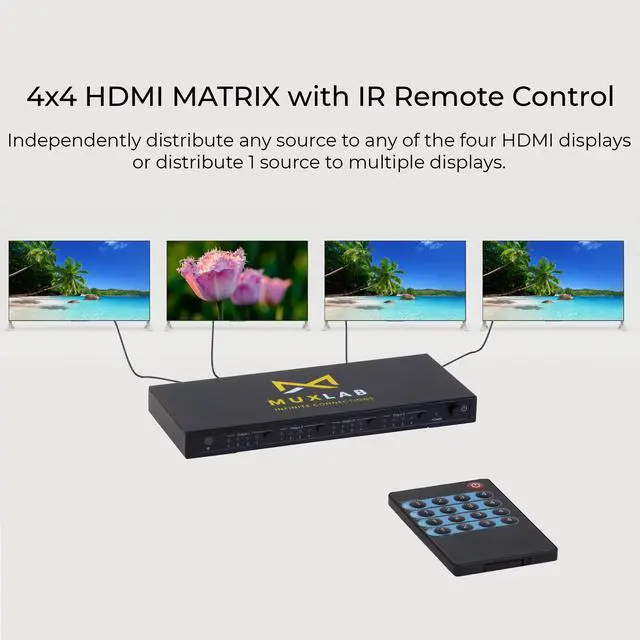 Alt view image 4 of 7 - MuxLab 4x4 HDMI 2.0 Matrix Switch/Splitter with IR Remote | Supports 4K@60Hz, 4:4:4, HDR, 4 Input and 4 Output | Control with IR Remote, RS232, TCP/IP & Push Button