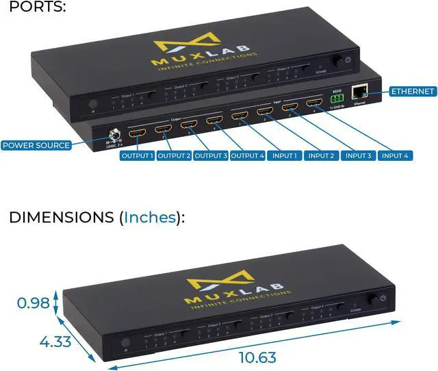 Alt view image 3 of 7 - MuxLab 4x4 HDMI 2.0 Matrix Switch/Splitter with IR Remote | Supports 4K@60Hz, 4:4:4, HDR, 4 Input and 4 Output | Control with IR Remote, RS232, TCP/IP & Push Button