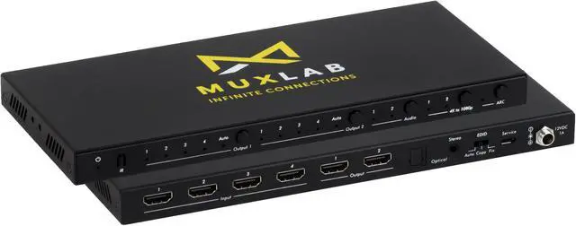 Main image of MuxLab 4x2 HDMI 2.0 Matrix Switch/Splitter | Supports 4K@60Hz, 4:4:4, HDR, ARC, HDCP 2.2 | 4 Input and 2 Output Control with IR Remote & Front Panel Buttons