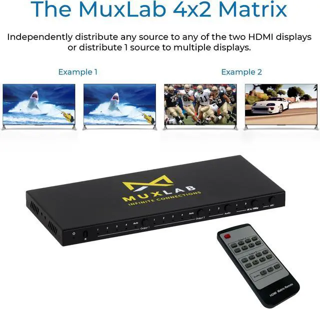 Alt view image 5 of 6 - MuxLab 4x2 HDMI 2.0 Matrix Switch/Splitter | Supports 4K@60Hz, 4:4:4, HDR, ARC, HDCP 2.2 | 4 Input and 2 Output Control with IR Remote & Front Panel Buttons