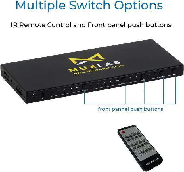 Alt view image 2 of 6 - MuxLab 4x2 HDMI 2.0 Matrix Switch/Splitter | Supports 4K@60Hz, 4:4:4, HDR, ARC, HDCP 2.2 | 4 Input and 2 Output Control with IR Remote & Front Panel Buttons