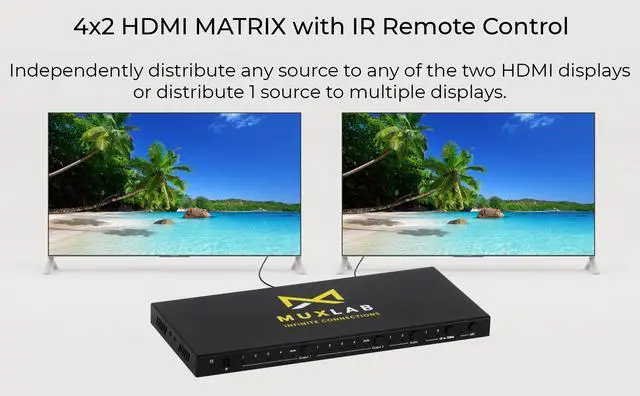 Alt view image 4 of 6 - MuxLab 4x2 HDMI 2.0 Matrix Switch/Splitter | Supports 4K@60Hz, 4:4:4, HDR, ARC, HDCP 2.2 | 4 Input and 2 Output Control with IR Remote & Front Panel Buttons
