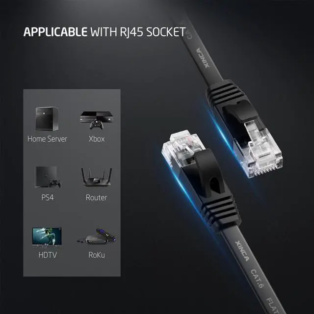 Alt view image 6 of 7 - XINCA Cat6 Ethernet Cable Lnternet Network Gigabit Flat Patch Cord Lan 25ft Black With 10pcs Cable Clips Snagless Rj45 Connectors For Computer Modem Router X-Box Faster Than Cat5e Cat5