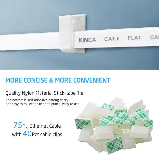 Alt view image 3 of 7 - XINCA Cat6 Ethernet Cable Extra Long Lnternet Network Gigabit Flat Cord Lan 75ft White With 40pcs Cable Clips Snagless Rj45 Connectors For Apply to PC Ps4 Router Office Computer More