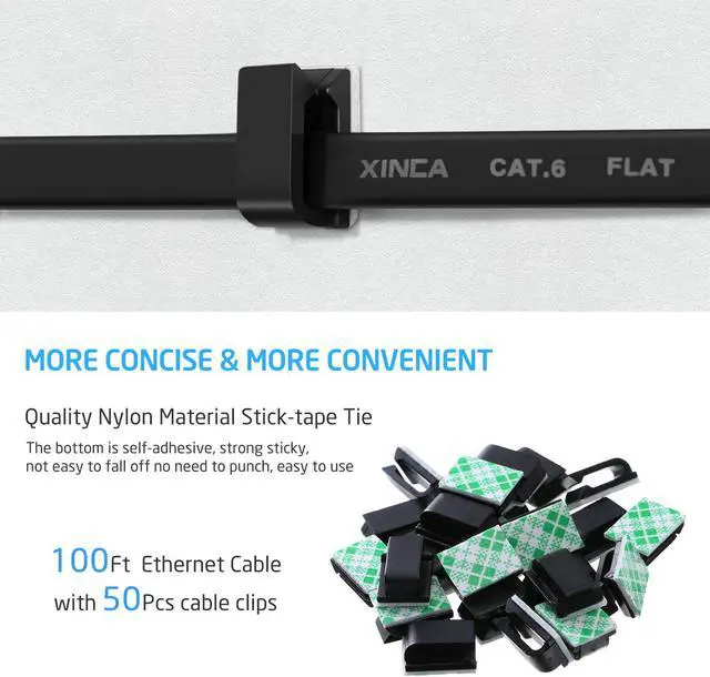 Alt view image 3 of 7 - XINCA Cat6 Ethernet Cable Extra Long Lnternet Network Gigabit Flat Cord lan 100ft Black With 50pcs Cable Clips Snagless Rj45 Connectors for Apply to PC Ps4 Router Office Computer More
