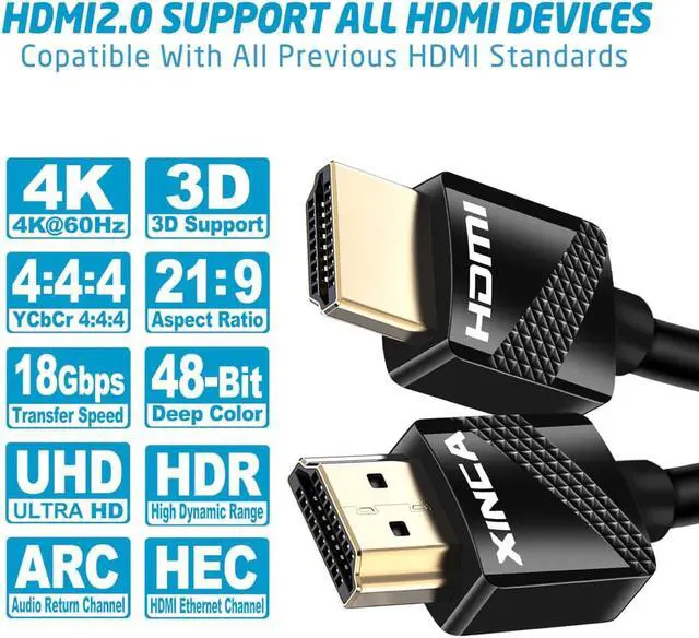 Alt view image 3 of 7 - XINCA HDMI Cable 3Ft 4K@60Hz HDR 18Gbps 34AWG Ultra Slim 4K 60 Hz HDR, video 2160p, 1080p 3D 4K 3D HDCP 2.2 ARC or Blu-ray/TV Box/HDTV/4K Projector/Home Theater