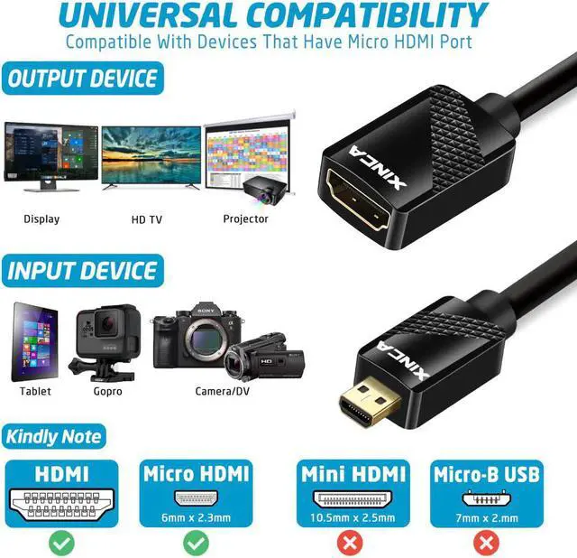 Alt view image 3 of 7 - XINCA Micro HDMI to HDMI Female Cable Adapter 34AWG for SJCAM SJ4000, SJCAM SJ4000 Wifi, SJCAM SJ5000, SJCAM SJ5000 Wifi