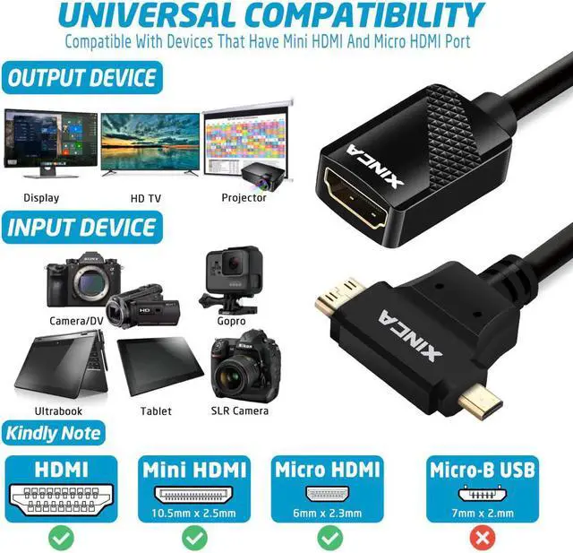 Alt view image 3 of 7 - XINCA Mini HDMI and Micro HDMI to HDMI Female Cable Adapter 2in1 The  Mini HDMI and Micro HDMI adapter adapts an HDMI cable to fit into a Mini or Micro HDMI port on a smartphone  laptop  camcord