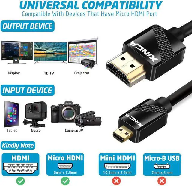 Alt view image 2 of 7 - XINCA Micro HDMI to HDMI Cable 3Ft HDR 18Gbps 34AWG Adapter Compatible for camera, tablet or laptop through the Micro HDMI Port to Your HDTV or projector with HDMI port