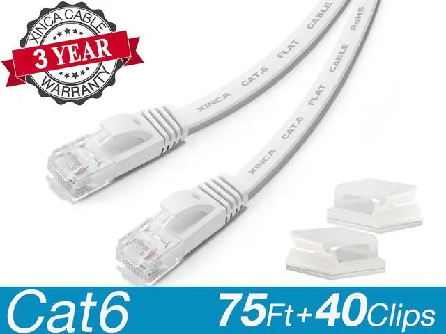 Main image of XINCA Cat6 Ethernet Cable Extra Long Lnternet Network Gigabit Flat Cord Lan 75ft White With 40pcs Cable Clips Snagless Rj45 Connectors For Apply to PC Ps4 Router Office Computer More