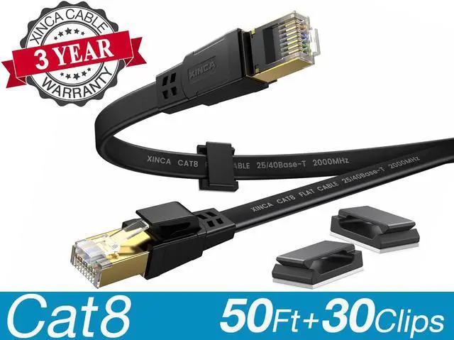 Main image of XINCA Cat8 Ethernet Cable Extra Long Lnternet Network Flat 50ft Black With 30 Clips Rj45 Connectors Transfer Speed40 Gbps 2000MHz Connector For Modems Routers Computers Cable High Speed Cable Distri