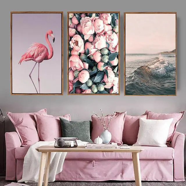 Alt view image 5 of 6 - 3pcs Flamingo Wall Art Canvas Nordic Style Painting Picture Home Decor 12"x12"