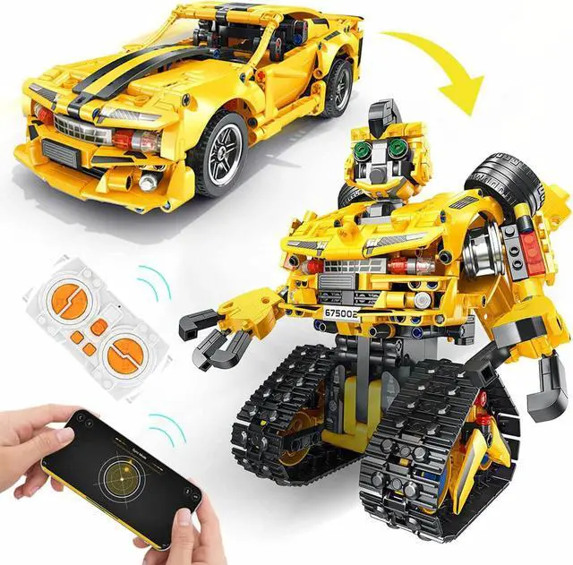 Main image of 2 in 1 Programmable Remote Control Car Robot Buildable Playset, Yellow