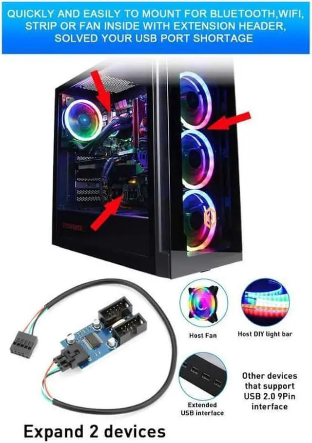 Alt view image 4 of 6 - Motherboard USB 2.0 9pin Header 1 to 4 Extension Hub Splitter Adapter - Converter MB USB 2.0 Female to 4 Female - 30CM Cable USB 9-pin Internal Cable 9 pin Connector Adapter Port Multiplier