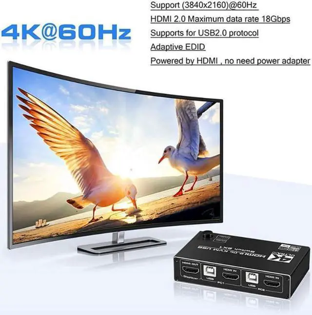 Alt view image 5 of 7 - HDMI KVM Switch, 4K@60Hz 2x1 HDMI2.0 Ports + 3X USB KVM Ports, Share 2 Computers to one UHD Monitor, Support Wireless Keyboard and Mouse, USB Disk, Printer, USB Camera (Included 2 USB Cable)