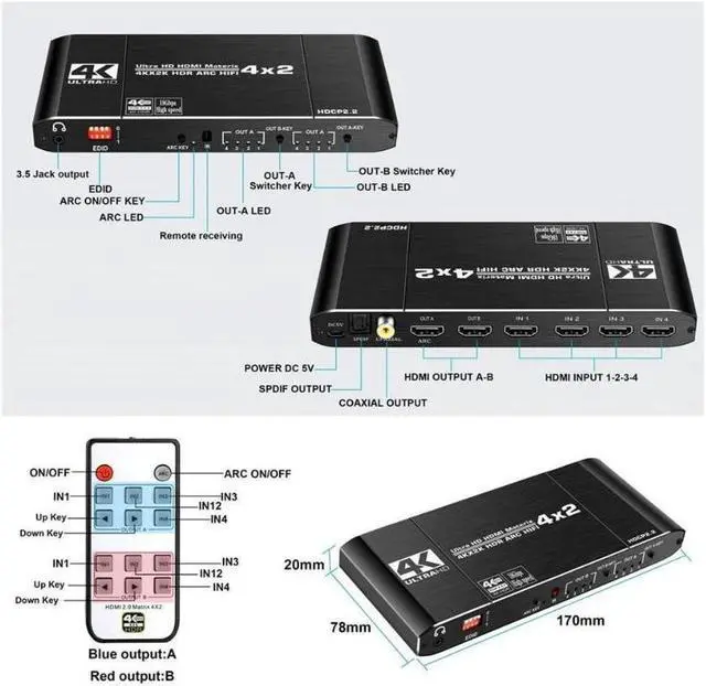 Alt view image 5 of 5 - 4K@60Hz HDMI Matrix 4x2 Switch Splitter Support HDCP 2.2 IR Remote Control HDMI Switch 4x2 Spdif 4K HDMI 4x2 Matrix Switch