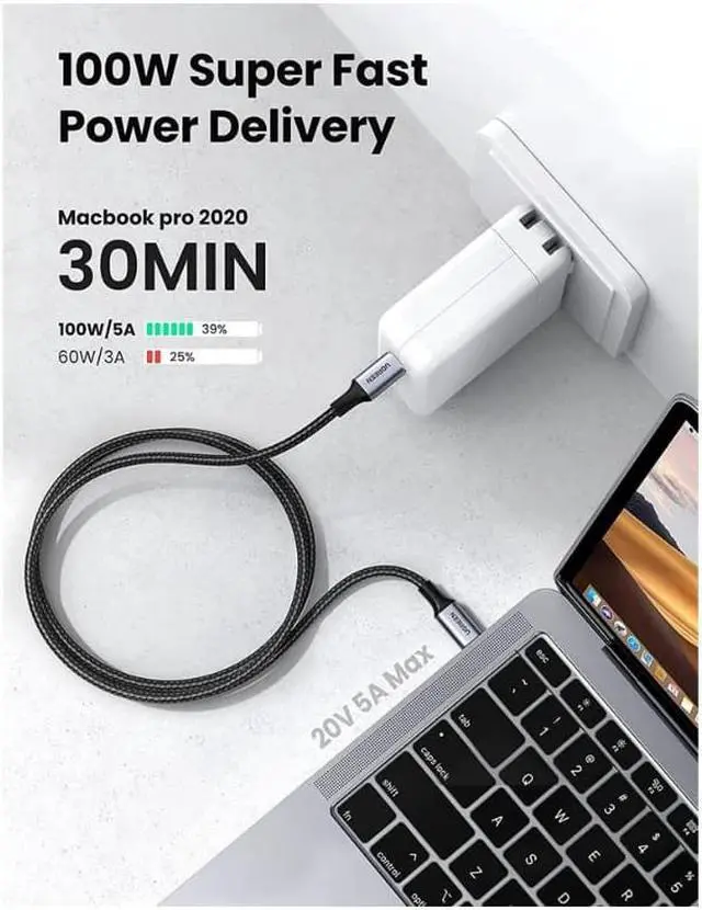 Alt view image 2 of 7 - UGREEN USB C to USB C Cable 100W Fast Charge, [2 Pack 6FT] Type C 5A Power Delivery Charger, Nylon Braided Charging Cord Compatible for MacBook Pro 2021 Dell iPad Pro Samsung Galaxy S21 S20 Note 20