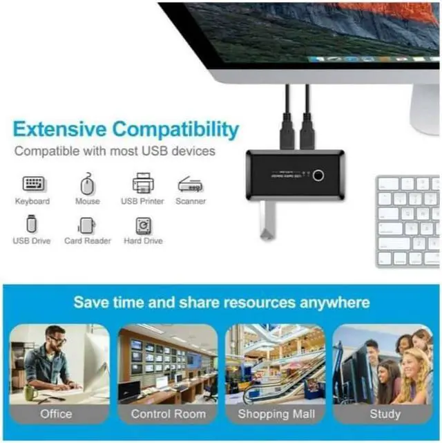 Alt view image 7 of 7 - USB Sharing Switch for 2 Computers Sharing 4 USB 3.0 Ports, KVM Switches Adapter Hub for PC, Printer, U-disk, Mouse, Keyboard with One Button Swapping and 2 USB3.0 Cable, Black