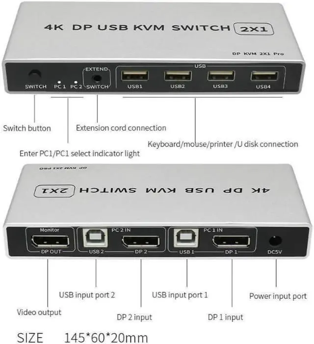 Alt view image 2 of 7 - 2 Ports Displayport KVM Switch Displayport USB Displayport KVM 144Hz DP Switcher 4KX2K/60Hz 2K/144Hz Displayport 2 in 1 out Displayport USB KVM Switcher 2 Desktop PC hosts Sharing Keyboard Mouse