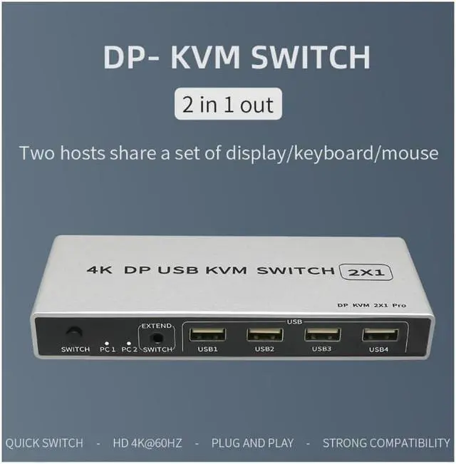 Alt view image 3 of 7 - 2 Ports Displayport KVM Switch Displayport USB Displayport KVM 144Hz DP Switcher 4KX2K/60Hz 2K/144Hz Displayport 2 in 1 out Displayport USB KVM Switcher 2 Desktop PC hosts Sharing Keyboard Mouse