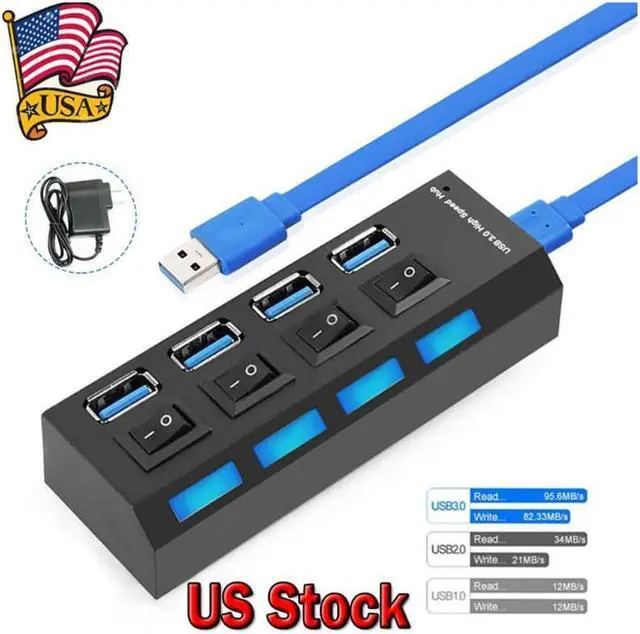 Main image of 4 Ports USB 3.0 Hub, Portable SuperSpeed USB 3.0 Hub, Individual On/Off Switches LED, USB Extension Multi-function USB Dock Hot Swapping Support, Come with US AC Power Plug